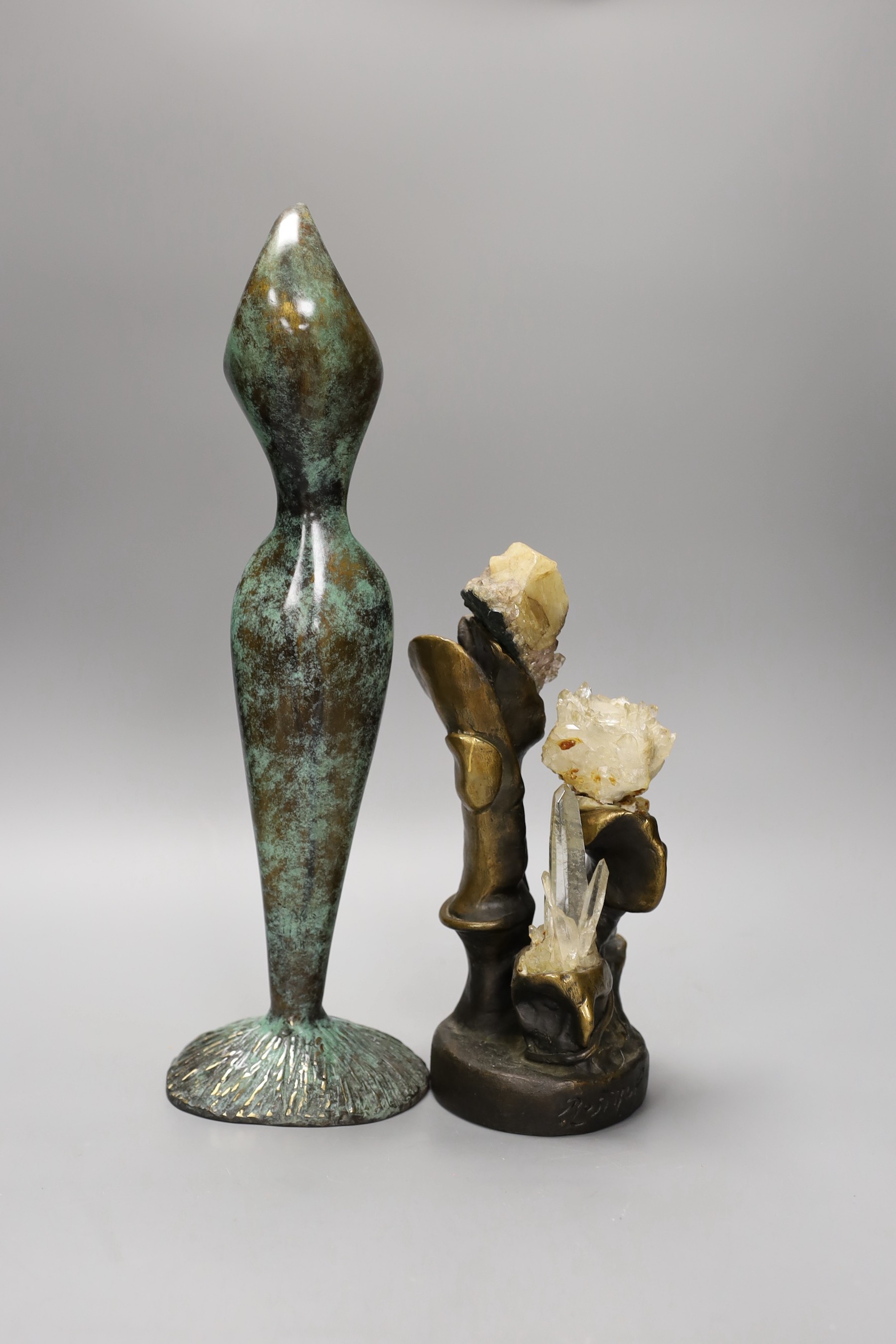 A Stanislaw Wysocki stylised bronze figure and a Rostrup bronze and quartz group (a.f), 39cm